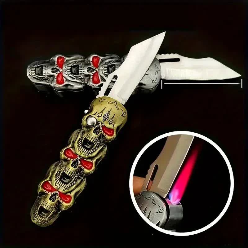 Triple Skull Head Refillable Butane Lighter With Knife