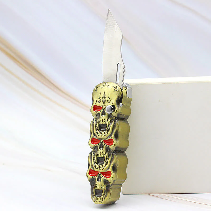 Triple Skull Head Refillable Butane Lighter With Knife - Image 6