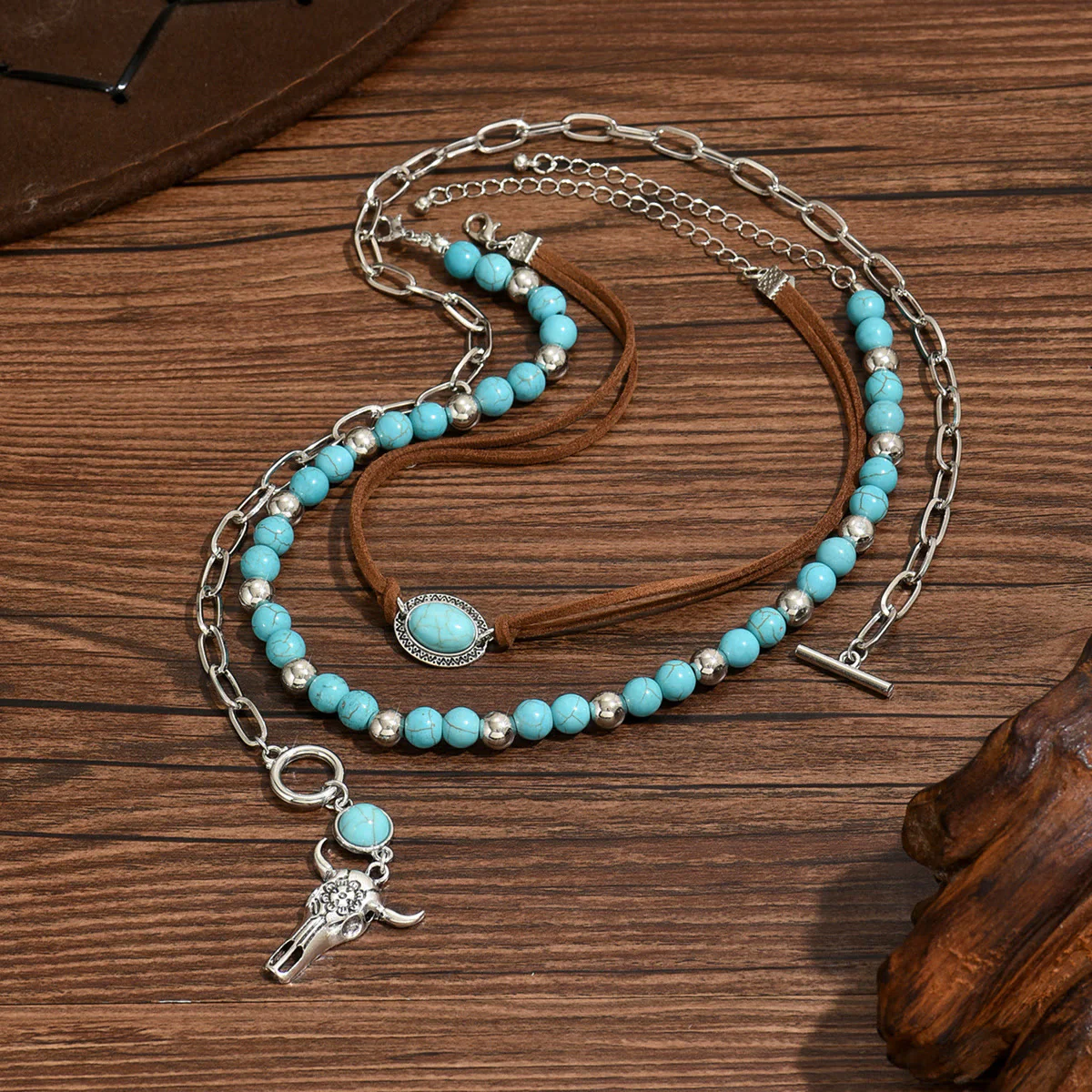 Turquoise Bead With Silver Cow Skull Pendant Western Style Necklace - Image 3