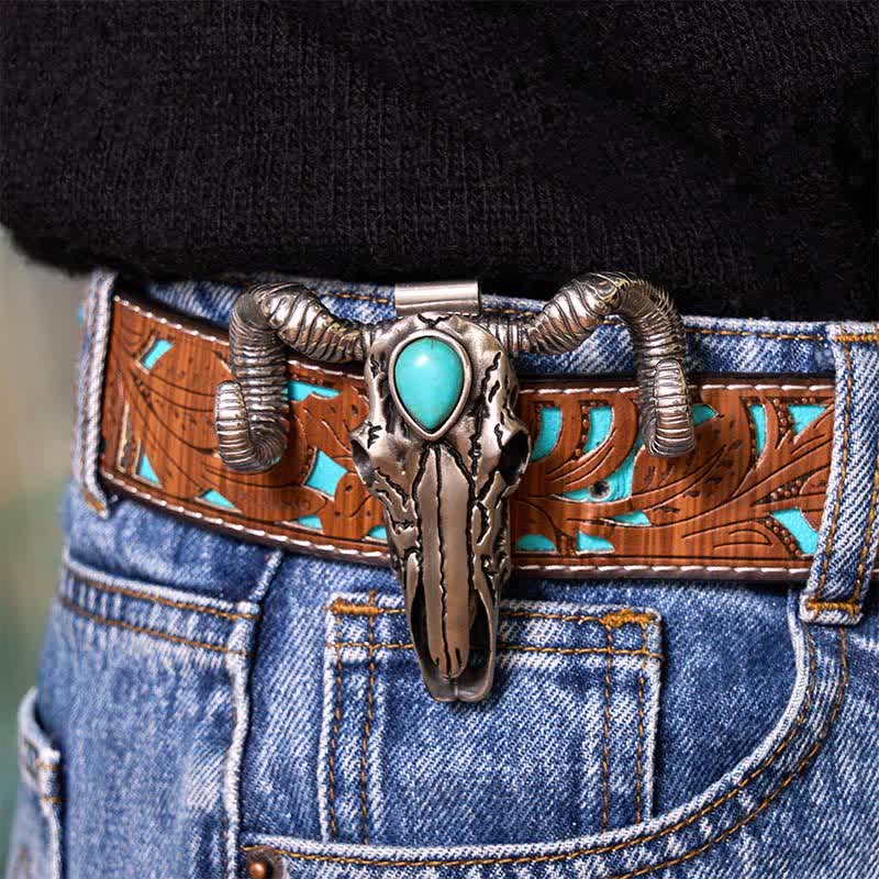 Turquoise Skull Sheep D2 Stainless Steel Knife Pendant Belt Buckle (Pre-Sale) - Image 3