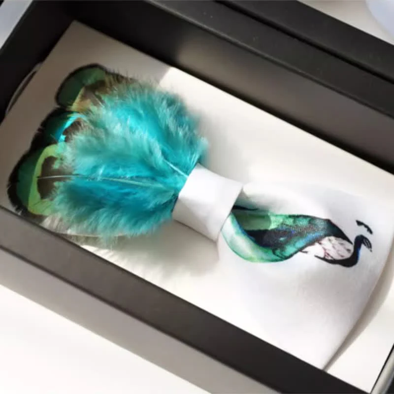 Turquoise & White Peacock Tail Feather Bow Tie - Image 4