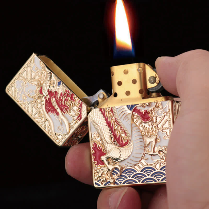 Two-Sided Luxury Dragon Relief Refillable Kerosene Lighter - Image 4