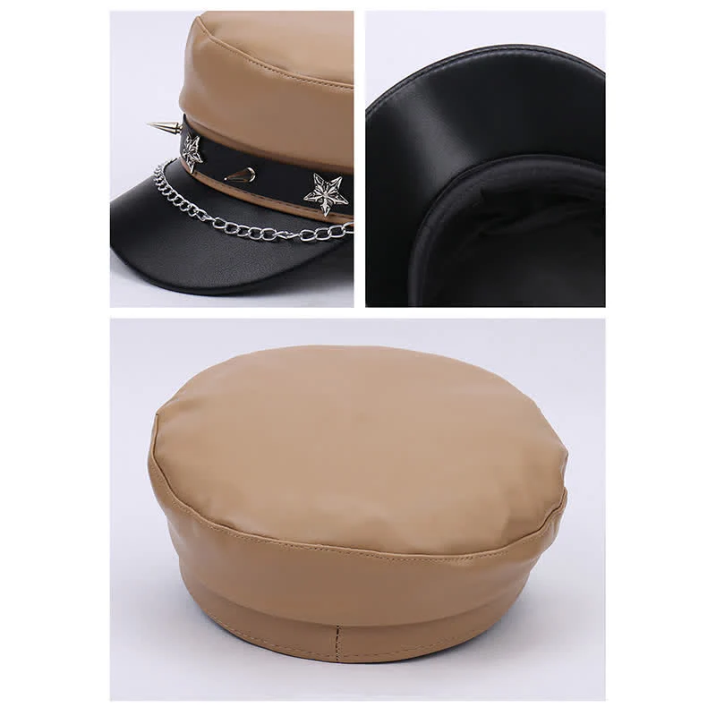 Two-Tone Star Studs Leather Beret Hat With Chain - Image 5