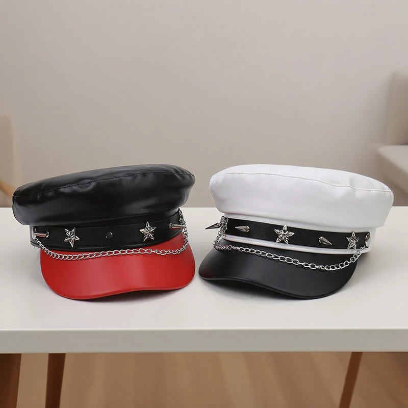 Two-Tone Star Studs Leather Beret Hat With Chain - Image 6