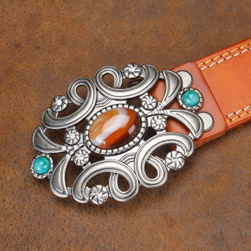 Unisex Agate Stone Turquoise Hollow Flower Leather Belt - Image 11
