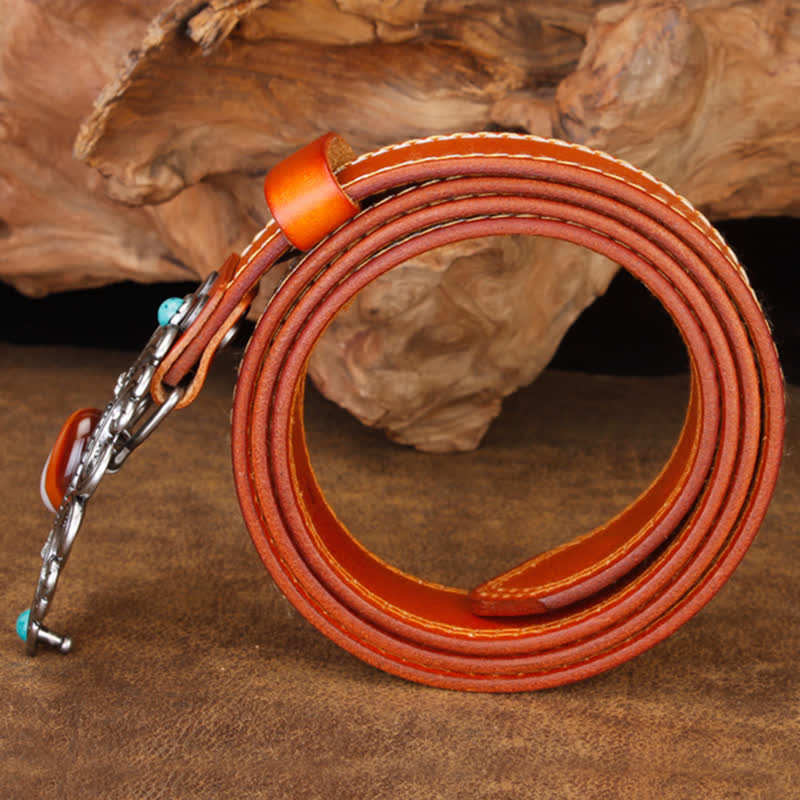Unisex Agate Stone Turquoise Hollow Flower Leather Belt - Image 16
