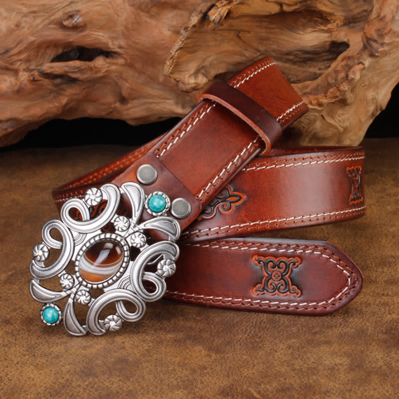 Unisex Agate Stone Turquoise Hollow Flower Leather Belt - Image 7