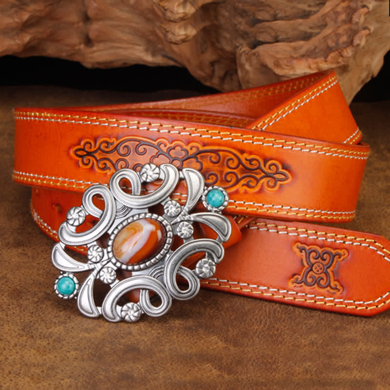 Unisex Agate Stone Turquoise Hollow Flower Leather Belt - Image 9