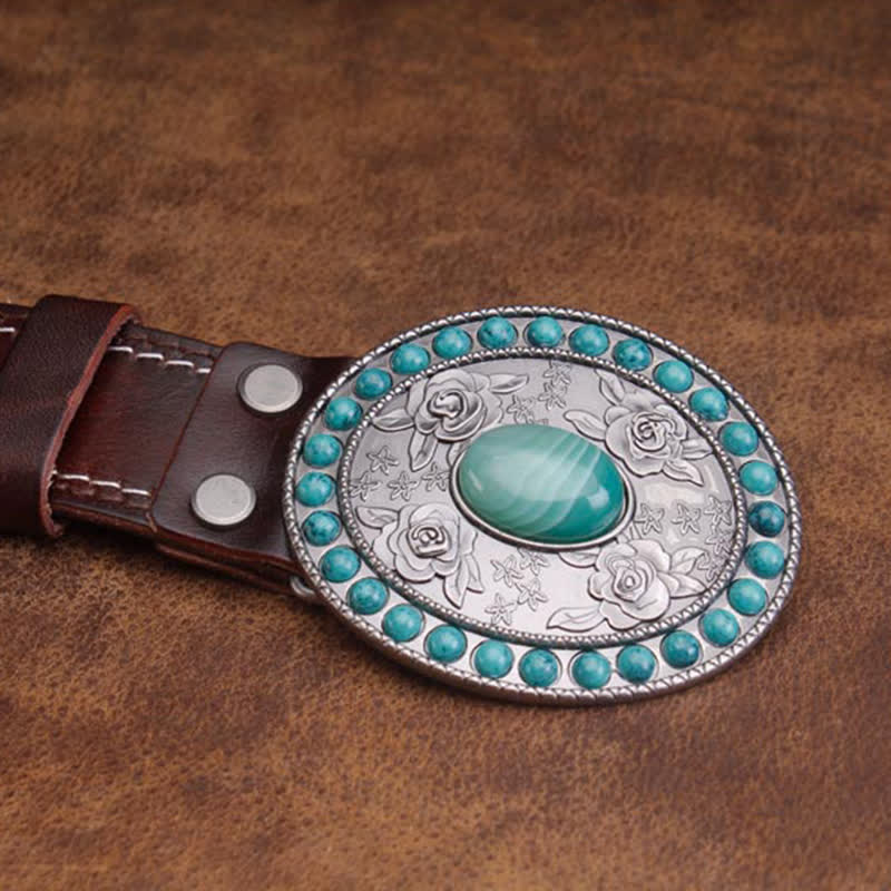 Unisex Carved Rose Turquoise Jade Agate Leather Belt - Image 3