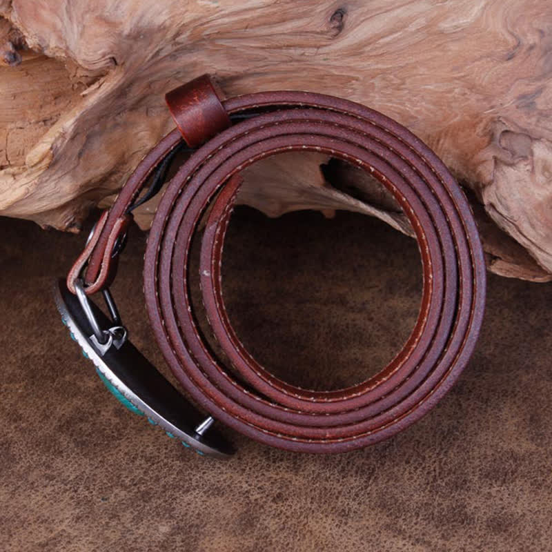 Unisex Carved Rose Turquoise Jade Agate Leather Belt - Image 6