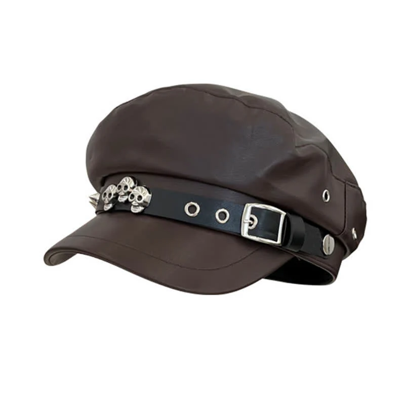 Unisex Dark Style Skull Studded Leather Beret Hat
