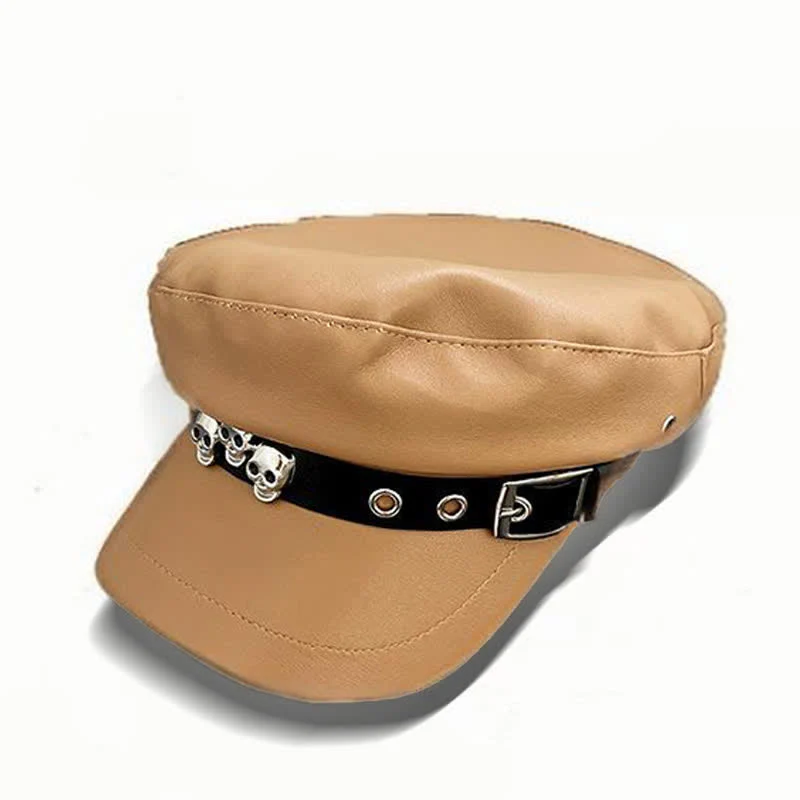 Unisex Dark Style Skull Studded Leather Beret Hat - Image 13