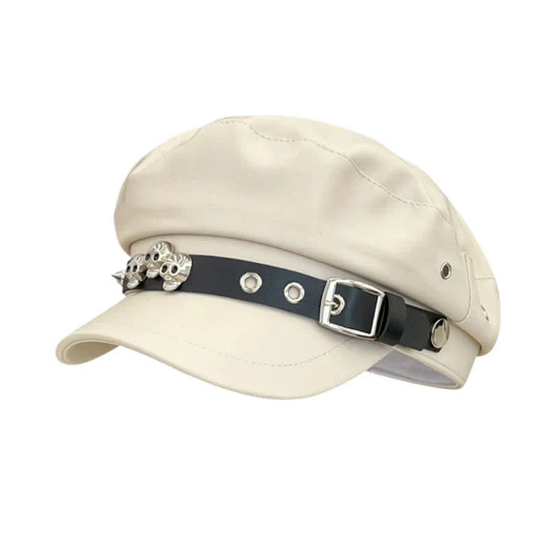 Unisex Dark Style Skull Studded Leather Beret Hat - Image 8