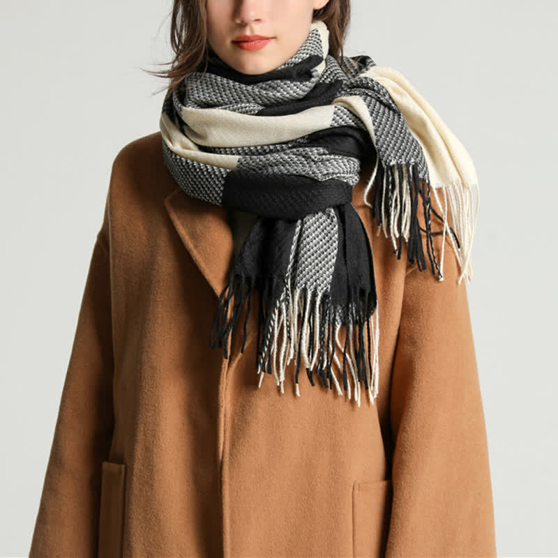 Unisex Fringed Plaid Striped Winter Warm Scarf - Image 4