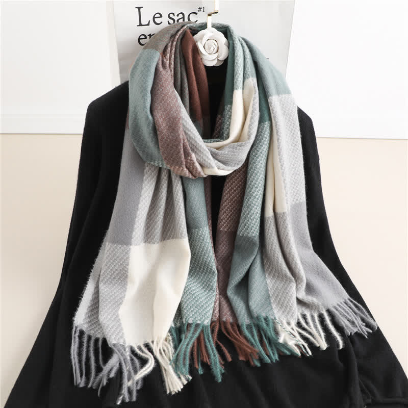 Unisex Fringed Plaid Striped Winter Warm Scarf - Image 9