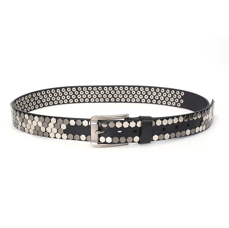 Unisex Hexagonal Rivet Studded Leather Belt - Image 10