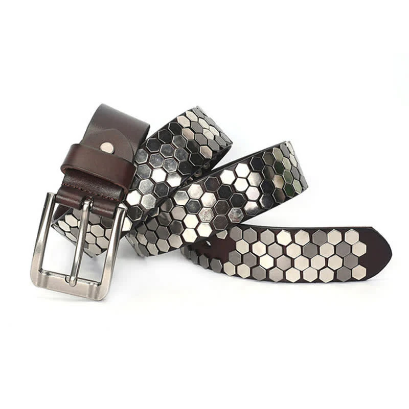 Unisex Hexagonal Rivet Studded Leather Belt - Image 16
