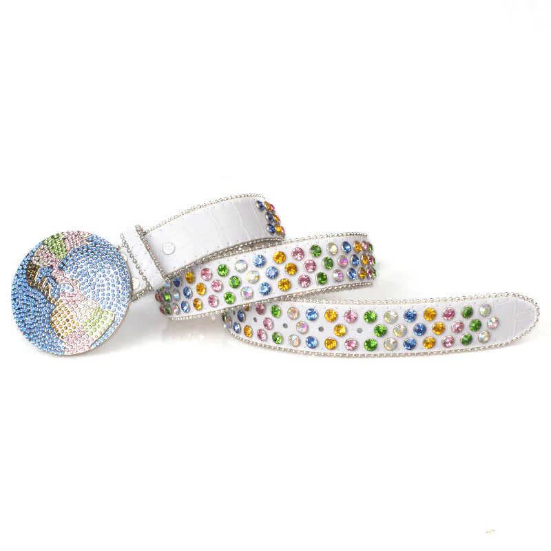 Unisex Large Round Bling Rhinstone Buckle Leather Belt - Image 10