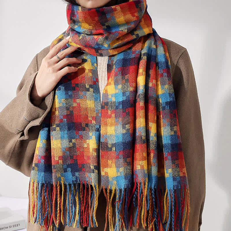 Unisex Multicoloured Jigsaw Shaped Fringe Soft Scarf - Image 4
