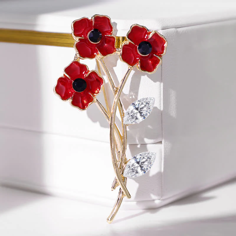 Unisex Red Poppy Bouquet Posy Stem Brooch - Image 2