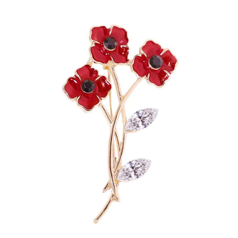Unisex Red Poppy Bouquet Posy Stem Brooch - Image 3