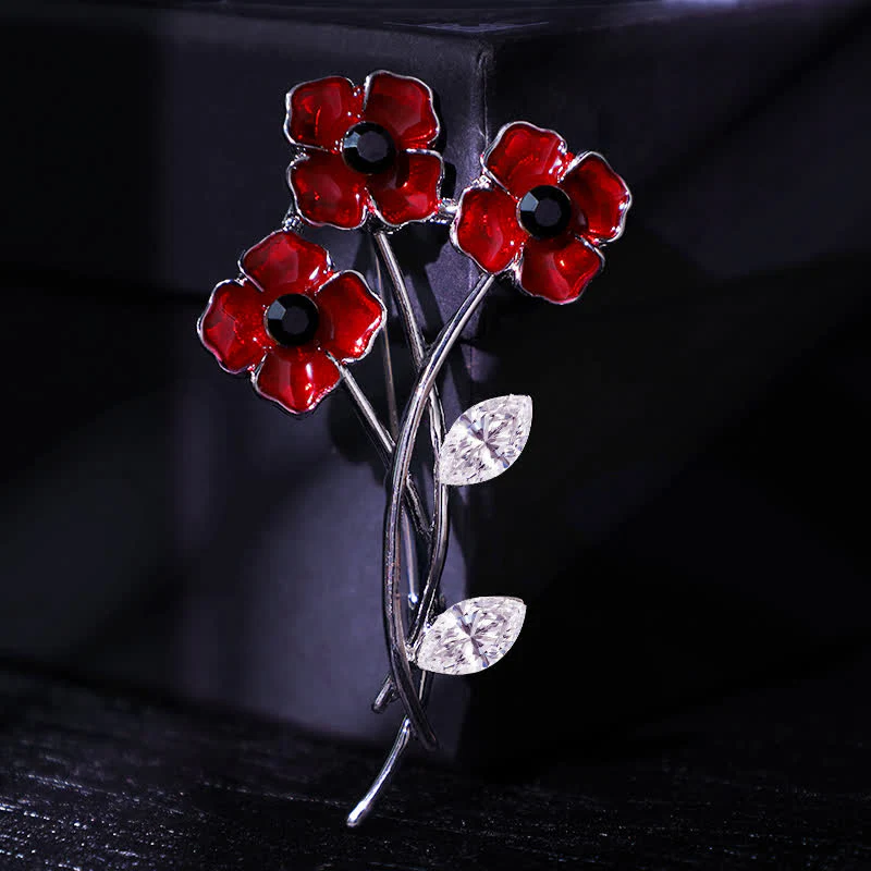 Unisex Red Poppy Bouquet Posy Stem Brooch - Image 5