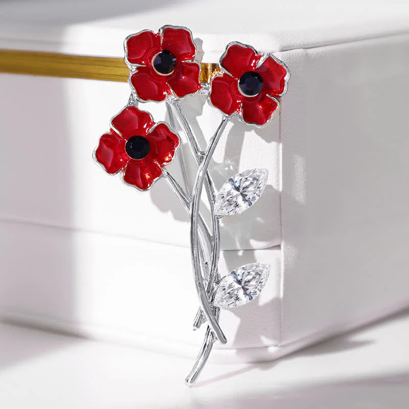 Unisex Red Poppy Bouquet Posy Stem Brooch - Image 6