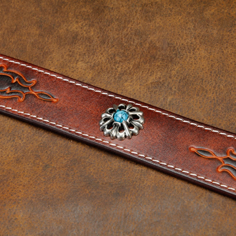 Unisex Retro Brown Turquoise Flower Leather Belt - Image 7