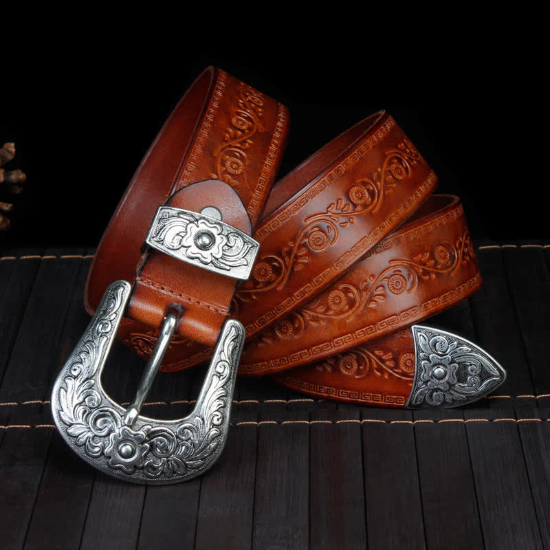 Unisex Rustic Texture Flower Printing Leather Belt - Image 3