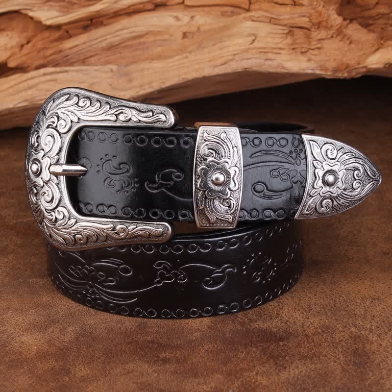Unisex Rustic Texture Flower Printing Leather Belt - Image 9