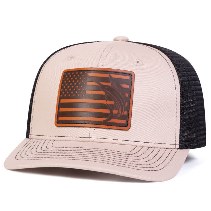 USA Flag Shark Leather Label Patch Trucker Hat - Image 4