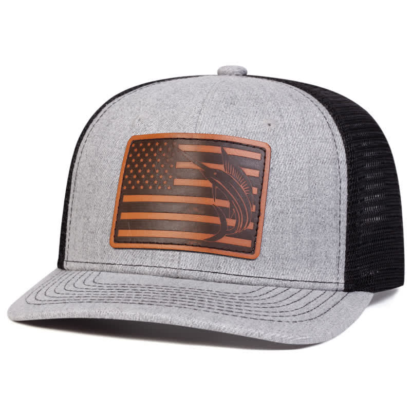 USA Flag Shark Leather Label Patch Trucker Hat - Image 6