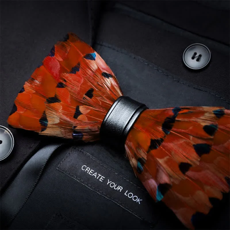 Vibrant Orange Finch Tail Feather Bow Tie with Lapel Pin - Image 2