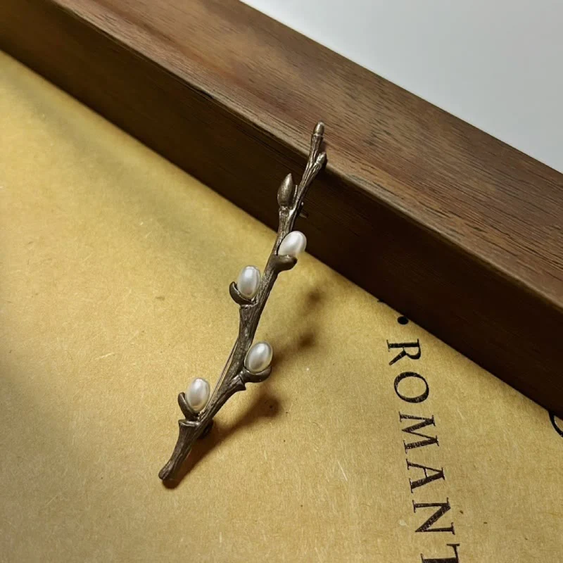 Vintage Branch Brooch Wood Pearl Alloy Pin - Image 8