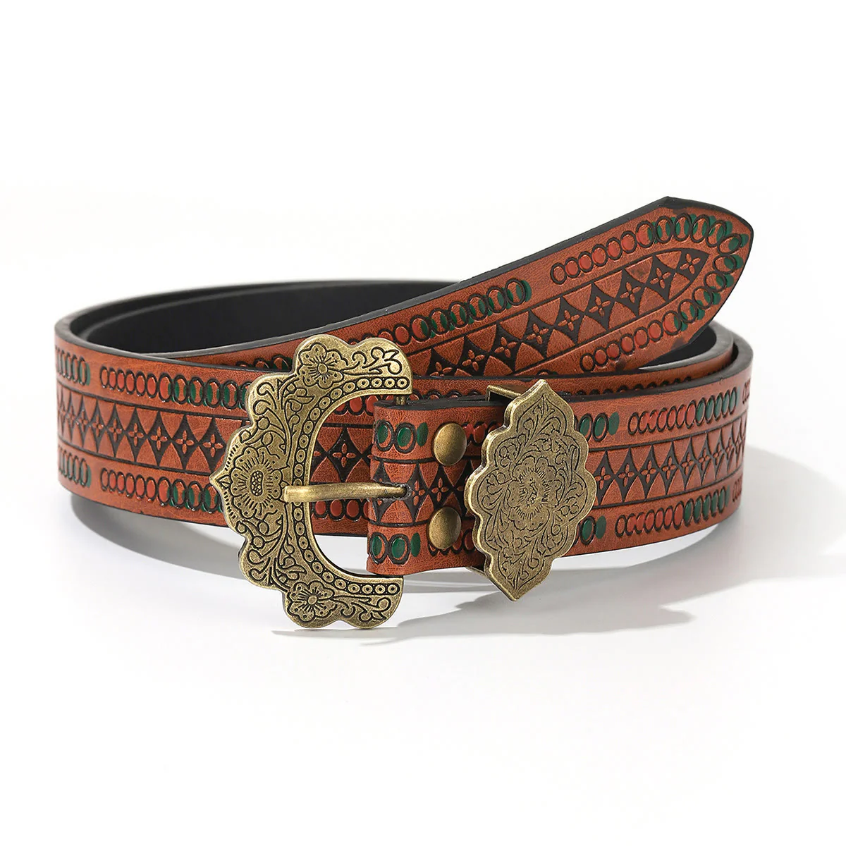 Vintage Brass Floral Carved Buckle Brown Geometric Patterned Leather Belt