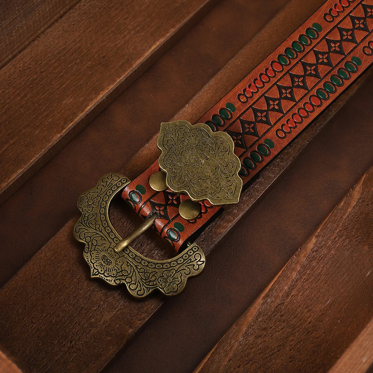Vintage Brass Floral Carved Buckle Brown Geometric Patterned Leather Belt - Image 2