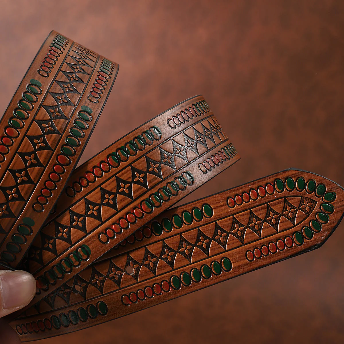 Vintage Brass Floral Carved Buckle Brown Geometric Patterned Leather Belt - Image 4