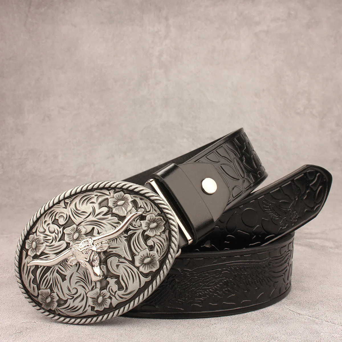 Vintage Carved Longhorned Bull Buckle Embossed Leather Belt