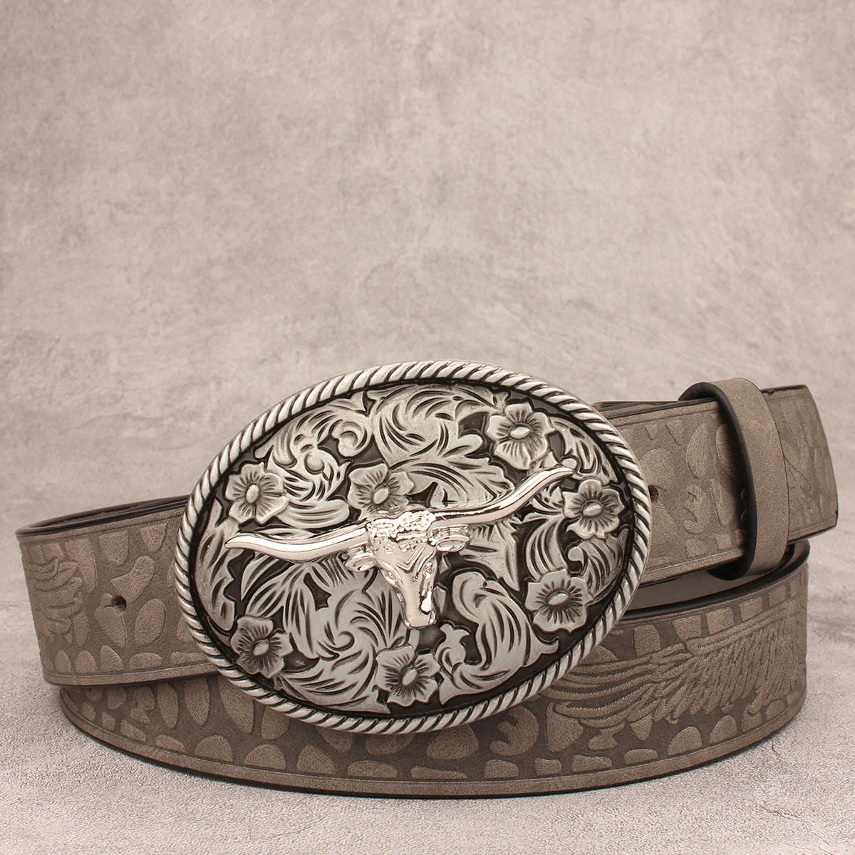 Vintage Carved Longhorned Bull Buckle Embossed Leather Belt - Image 2