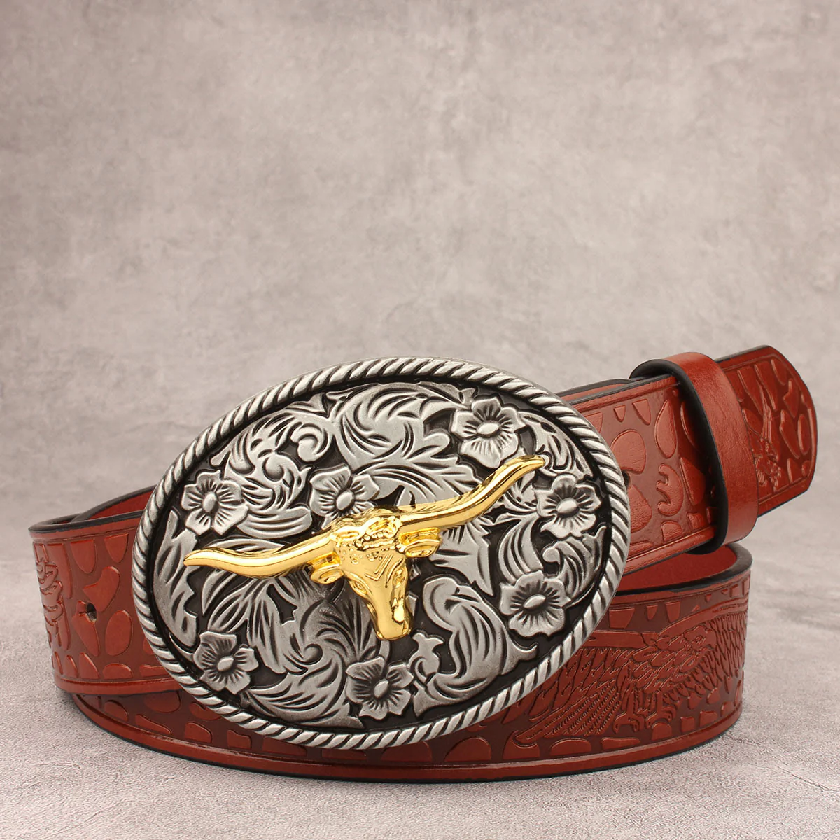 Vintage Carved Longhorned Bull Buckle Embossed Leather Belt - Image 3