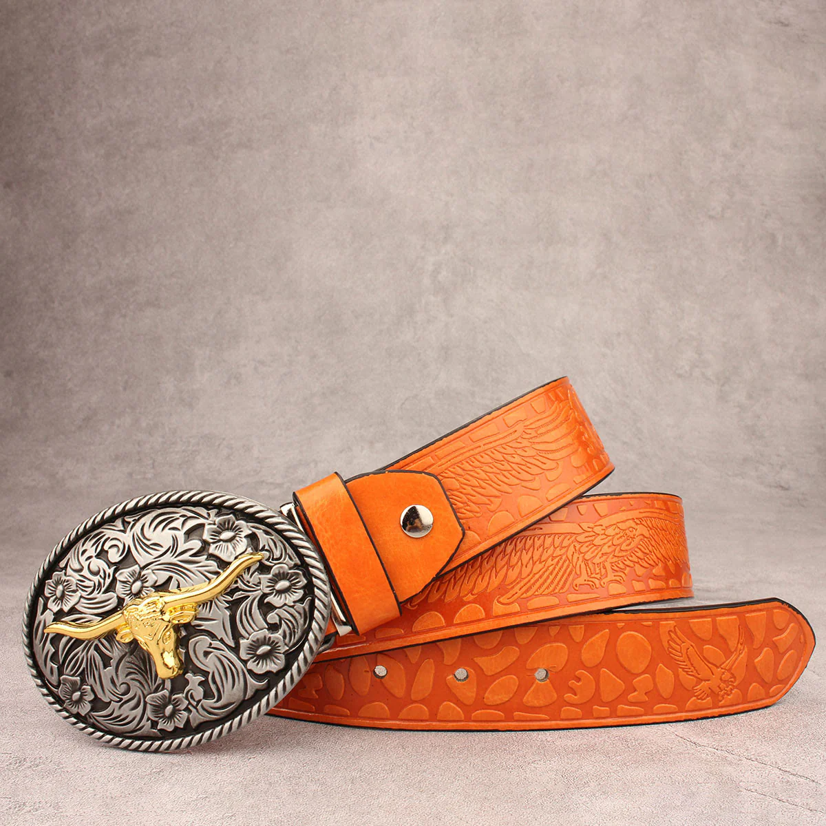 Vintage Carved Longhorned Bull Buckle Embossed Leather Belt - Image 4
