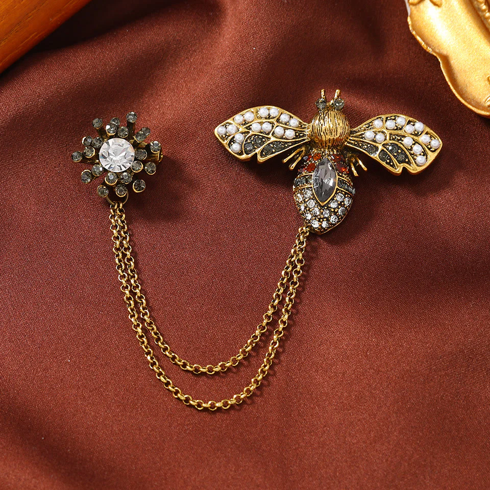 Vintage Gem-Adorned Crescent Double-Chain Gold Accent Brooch - Image 10
