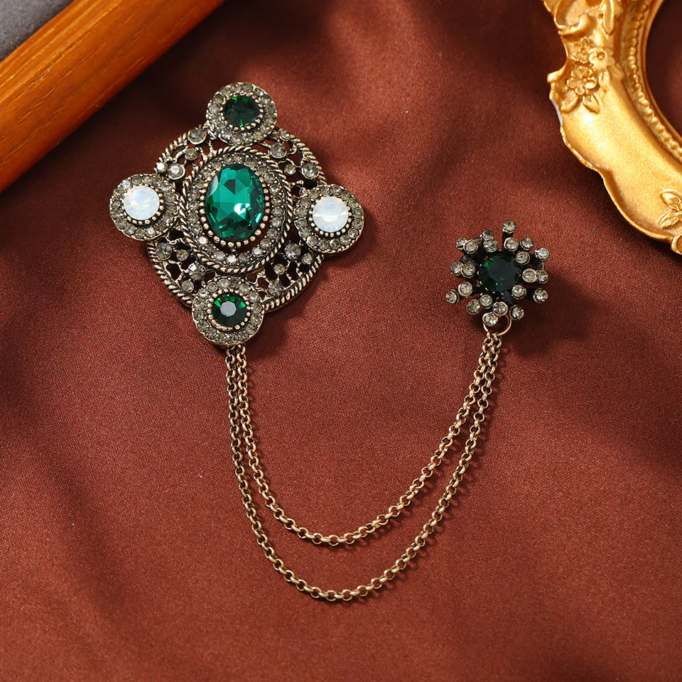 Vintage Gem-Adorned Crescent Double-Chain Gold Accent Brooch - Image 6