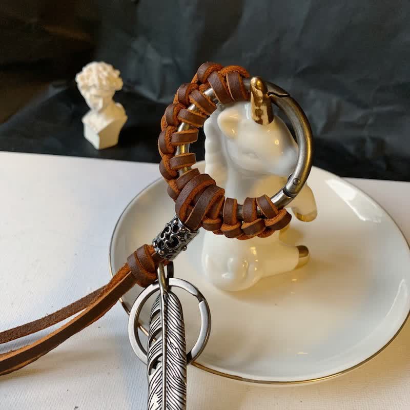 Vintage Metal Feather Braided Leather Tassel Keychain - Image 3