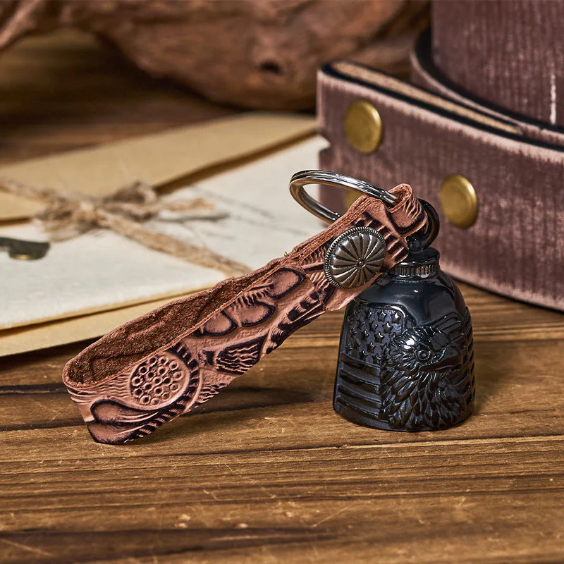 Vintage Motorcycle Eagle Bell Embossed Leather Keychain - Image 4