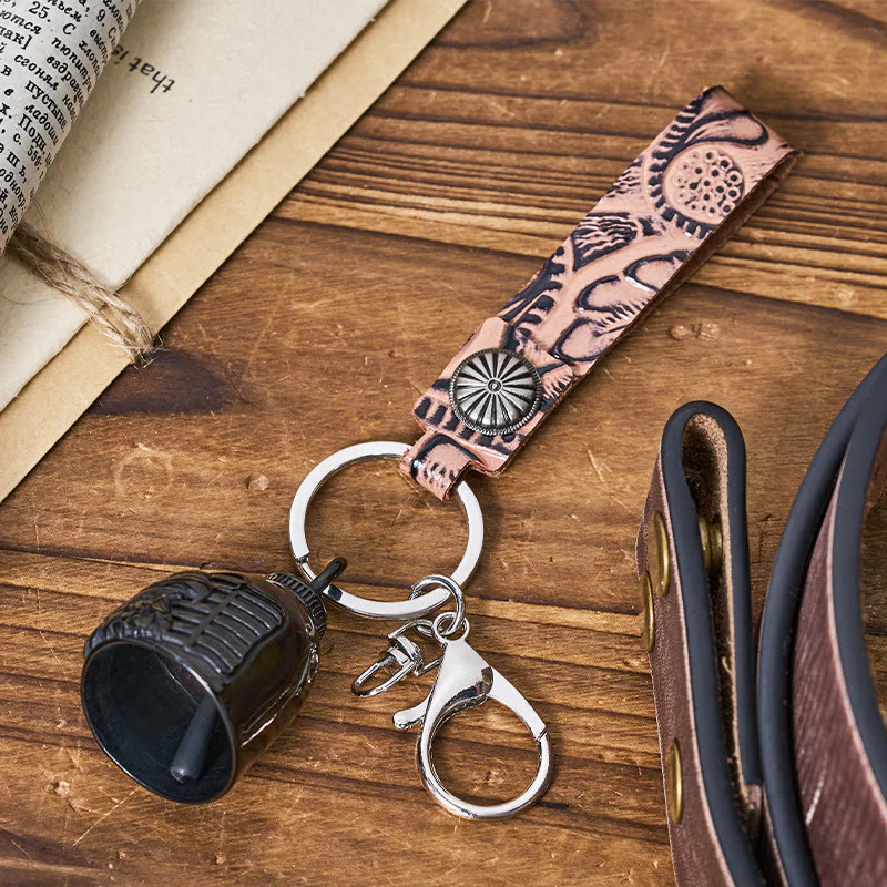 Vintage Motorcycle Eagle Bell Embossed Leather Keychain - Image 5