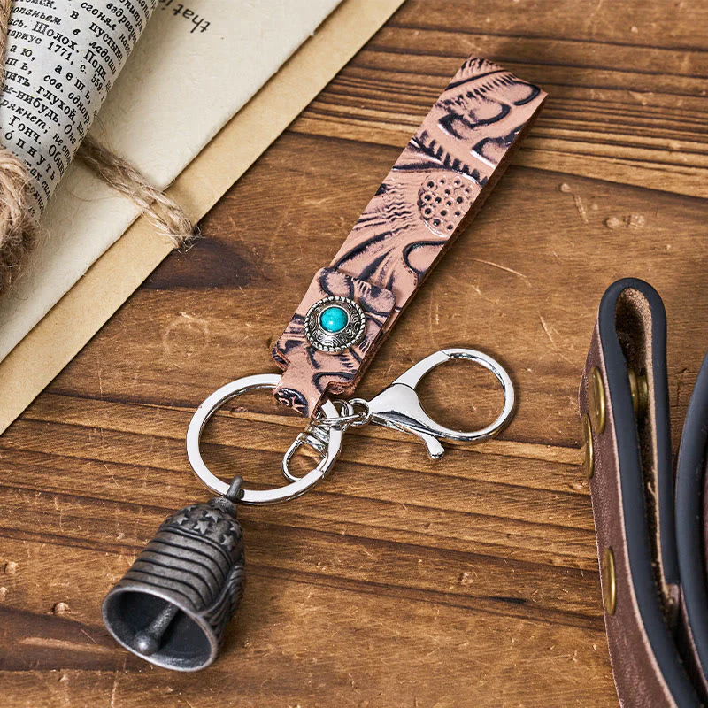 Vintage Motorcycle Eagle Bell Embossed Leather Keychain - Image 9
