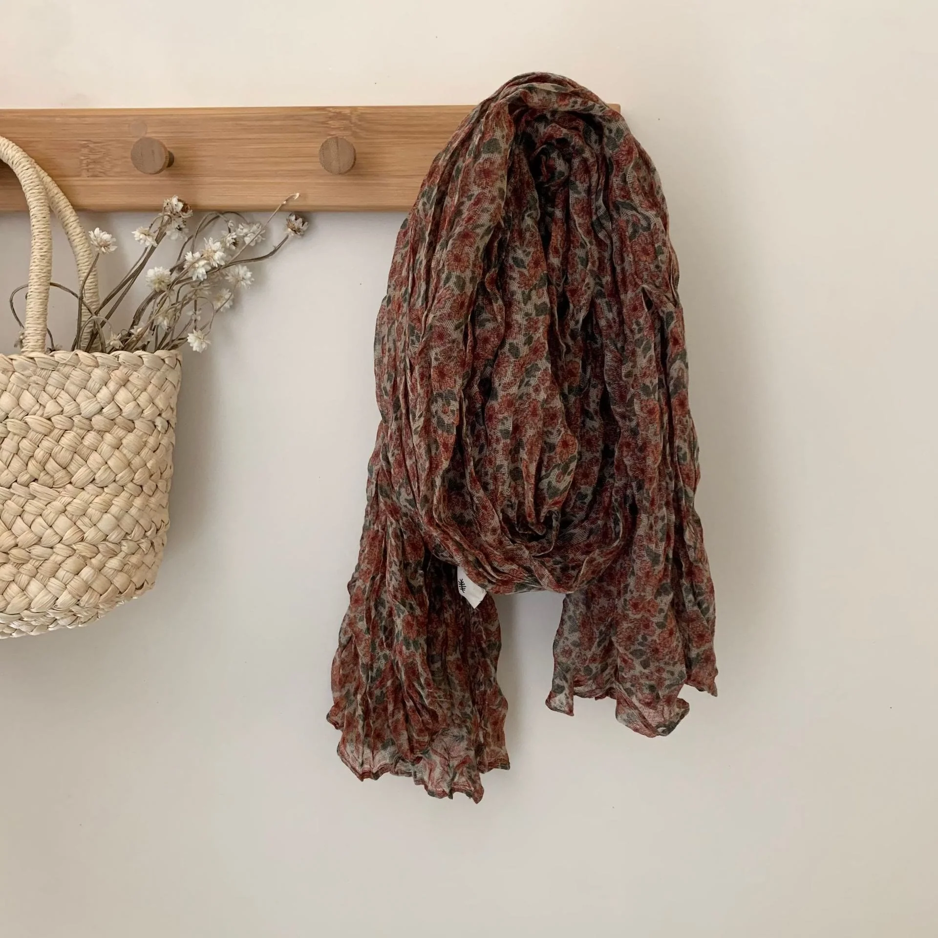 Vintage Pleated Printed Cotton And Linen Thin Scarf - Image 14