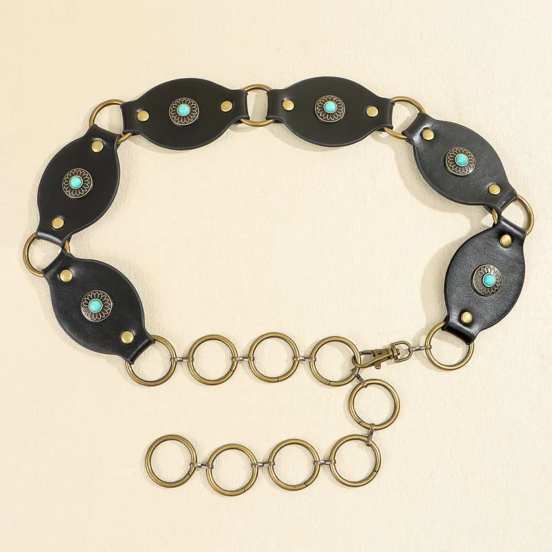 Vintage Turquoise Rivet Belt Metal Clasp Leather Belt - Image 8
