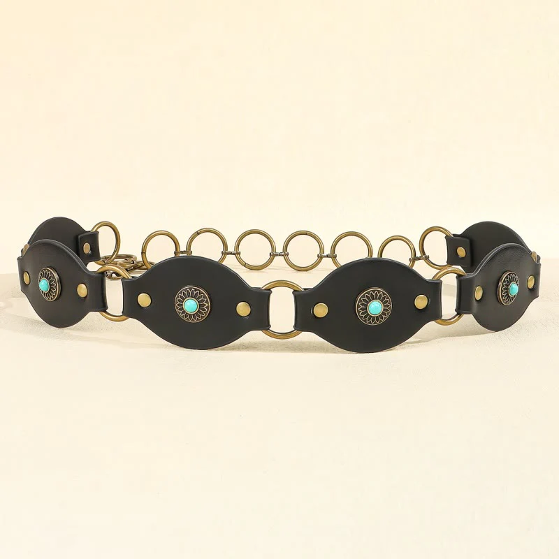 Vintage Turquoise Rivet Belt Metal Clasp Leather Belt - Image 9
